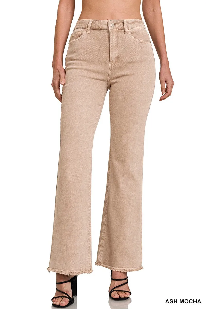 Zenana Acid Washed Frayed Cutoff Hem Straight Wide Pants