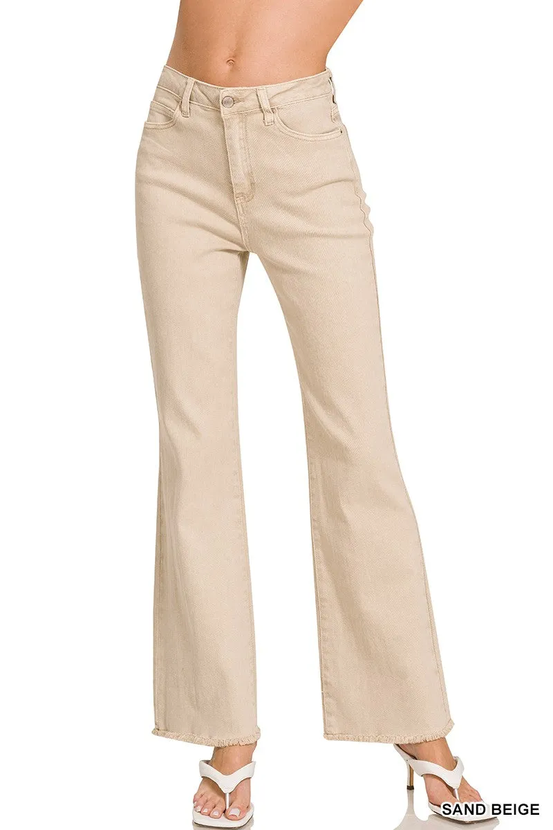 Zenana Acid Washed Frayed Cutoff Hem Straight Wide Pants