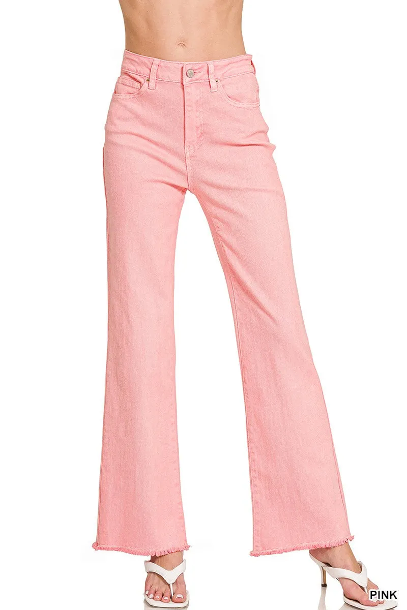 Zenana Acid Washed Frayed Cutoff Hem Straight Wide Pants