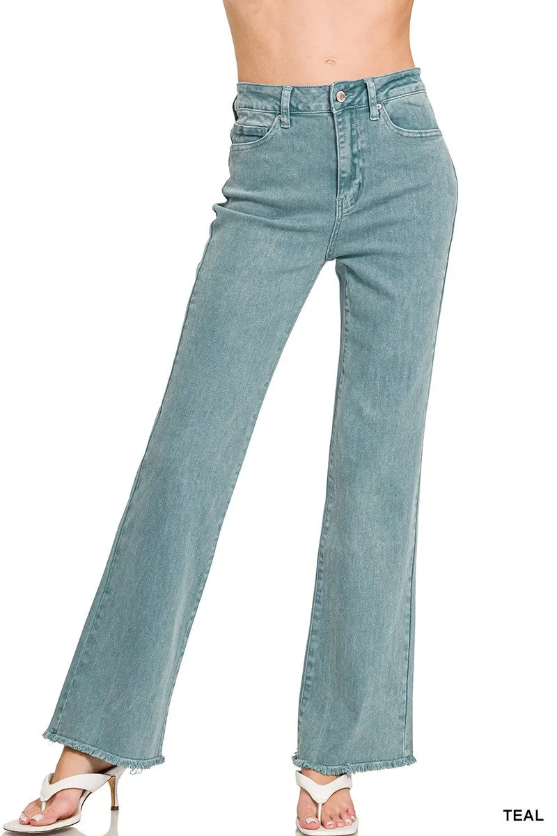 Zenana Acid Washed Frayed Cutoff Hem Straight Wide Pants